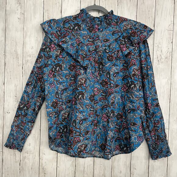 Loft Bouquet Paisley Long Sleeve Ruffled Yoke Puff Sleeve Button Down Blouse - Picture 1 of 10